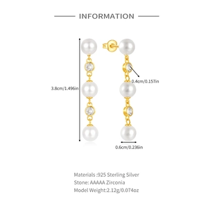 Detail view of S925 silver long tassel pearl earrings with AAAAA zircon stones