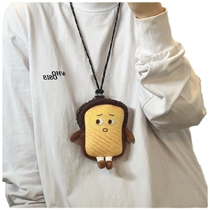 Porte-monnaie mignon en peluche en forme de toast avec visage brodé et cordon