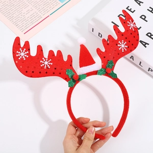 Christmas reindeer antler headband with red sequins, snowflakes and mini Santa hat