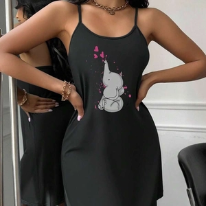 Women Slip Nightdress Polyester Sleeveless Printed Spaghetti Strap Lettuce Edge Loungewear Casual Nightgown Soft