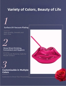 Detail of pink lip-shaped disco cup showing UV vacuum plating and food-grade material