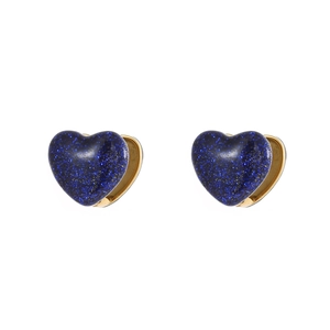 Deep blue glitter heart-shaped stainless steel earrings with gold plating