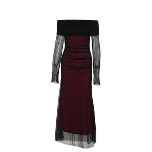 Sexy off-shoulder bodycon mesh dress with red and black color block stitching design