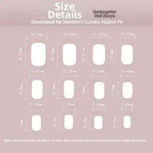 Size chart showing 24pcs purple French press-on nails with 12 precise dimensions