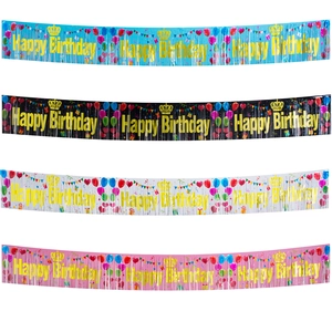 Metallic fringe Happy Birthday banners in blue, black, white, and pink for parties