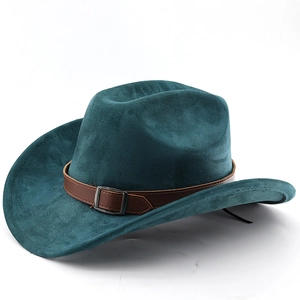 Klassischer Western Cowboyhut aus dunkelgrünem Filz mit braunem Lederband und Schnalle