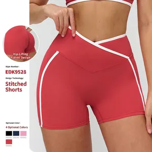 Short de Yoga Femme Taille Croisée Haute Passepoil Contrasté Nylon Élasthanne Fitness Course Short de Sport Bas