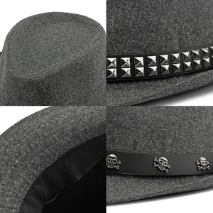Thick wool felt fedora hat in dark grey with metal rivets and leather buckle band detail