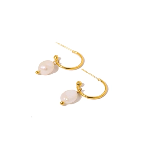 Elegant gold stainless steel C-shaped hoop earrings with natural baroque pearl pendants