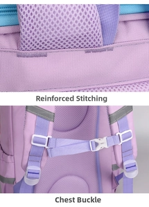 Detail of reinforced stitching and adjustable chest buckle on purple school backpack