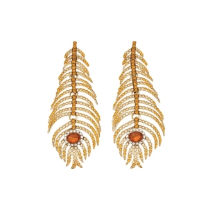 Vintage gold feather tassel earrings with sparkling rhinestones and amber stones