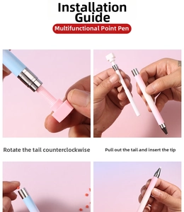 Detail steps for assembling a dual-ended nail art dotting tool with pink and blue barrels
