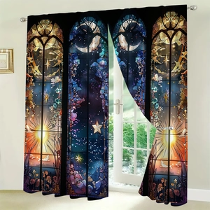 Detailed gothic stained glass pattern with moon and stars on polyester curtains