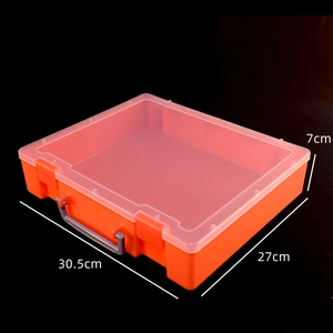 Scatola portaoggetti in plastica PP trasparente con base arancione e dimensioni 30,5x27x7cm