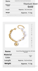 Detail of titanium steel gold bracelet with pearls, star pendant and sizing specs