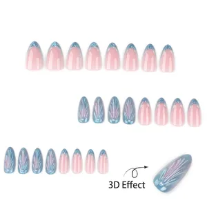 Faux ongles 3D œil de chat avec pointes French pailletées bleues et design de coquillage