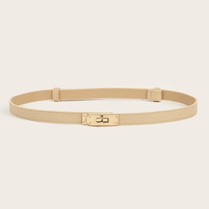 Detail of sffiano leather skinny belt with golden metal turn-lock buckle for women