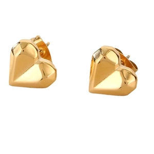 Elegant 3D heart-shaped gold stud earrings with a geometric cut finish and metal backings