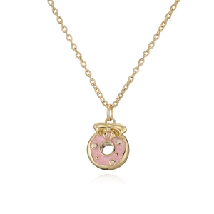 Collana con ciondolo a ciambella in smalto rosa e fiocco dorato su catena sottile