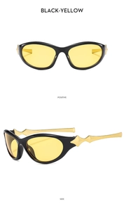 Detail view of Y2K windproof sunglasses featuring a black frame and yellow lenses