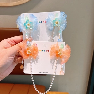 Girls' Hanfu hair clips with floral chiffon petals, pearls, and long elegant tassels