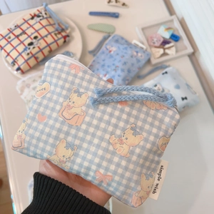 Detail of blue plaid mini canvas coin purse with cute cartoon bear and zipper strap