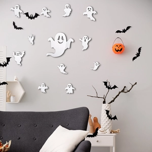 3D Halloween wall stickers with white ghosts and black bats in a modern living room