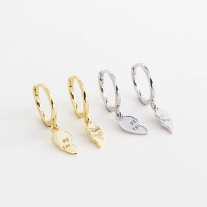 Minimalist S925 sterling silver Best Friends heart dangle earrings in gold and silver