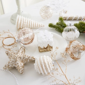 European Christmas tree pearl bead garland with gold and white glitter ornaments set