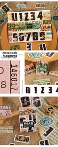Close-up of vintage manuscript fragment stickers with retro gold stamping for scrapbooking
