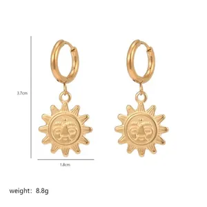 Minimalist golden sun face dangle earrings made of durable polished stainless steel
