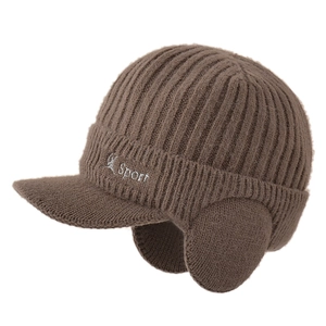 Men's thermal knit trapper hat in dark coffee with Sport embroidery and ear protection