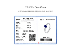 Official S925 silver certificate showing product weight and blue sapphire gemstone details
