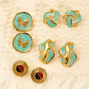 Stud Earrings For Women 304 Stainless Steel 18K Gold Plated Enamel Butterfly Yin Yang Knot Retro Waterproof Hypoallergenic