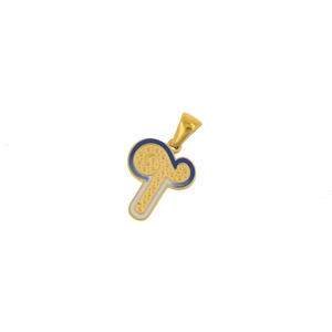 Detailed view of gold stainless steel note pendant with blue and white enamel fill