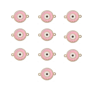 Detailed grid view of 10 pink and white evil eye enamel charms with gold-plated connectors