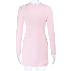 Back view of a light pink bodycon knit dress featuring a deep U-neckline and mini length