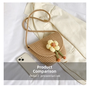 Detail view of khaki woven mini bag with yellow flower decor next to a mobile phone