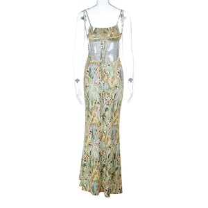 Detail of cross-back lace-up ties and abstract print on a long beach maxi dress