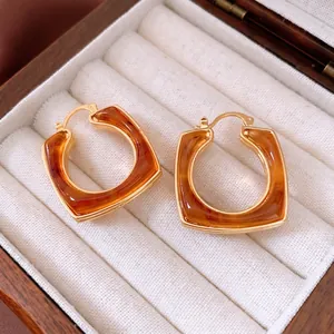 Retro Square Hoop Earrings With 18K Gold Plated Copper And Amber Resin Maillard Style Vintage Geometric Jewelry For Women