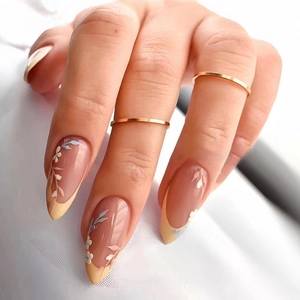 French Almond Press on Nails Leaf Floral Design Tender Yellow Nude Pink Sweet Romantic Manicure Set for Women W527
