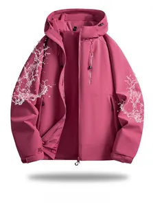 Waterproof dark pink outdoor hooded jacket featuring windproof zippers and velcro cuffs