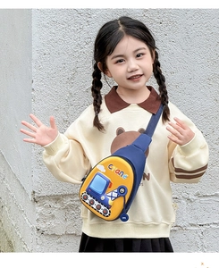 Kids cartoon crane chest bag in vibrant yellow and blue with adjustable nylon strap