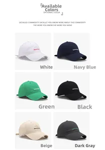 Detail view of cotton baseball caps showing embroidered letters in six various colors
