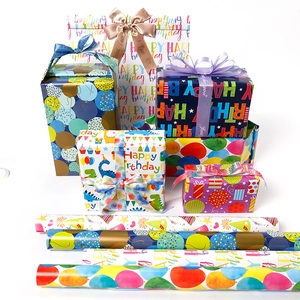 Colorful cartoon Happy Birthday gift wrapping paper rolls with dinosaur and balloon patterns