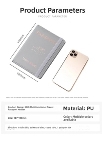 Detailed view of RFID PU leather passport wallet showing internal slots and dimensions