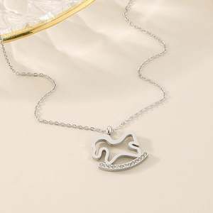 Silver stainless steel rocking horse pendant necklace with sparkling crystal inlay