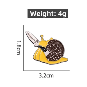 Detail view of cartoon snail with knife enamel pin with size and weight specs