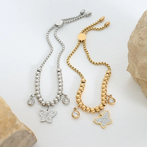 Luxurious butterfly pendant beaded bracelets in gold and silver with zircon accents