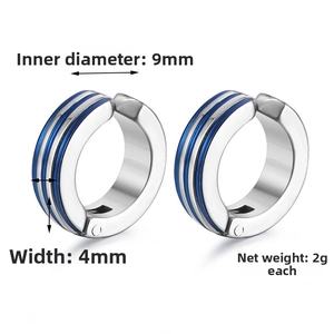 Detail view of silver steel non-piercing ear clips with blue stripes and 9mm inner diameter